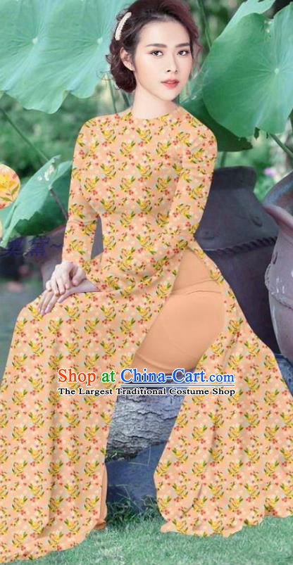 Vietnamese Apricot Qipao and Pants Women Uniforms Vietnam Traditional Ao Dai Dress Asian Custom Costume Cheongsam