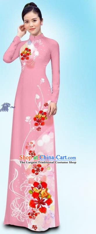 Traditional Vietnamese Pink Uniforms Female Clothing Ao Dai Cheongsam and Pants Asian Vietnam Custom Qipao Dress