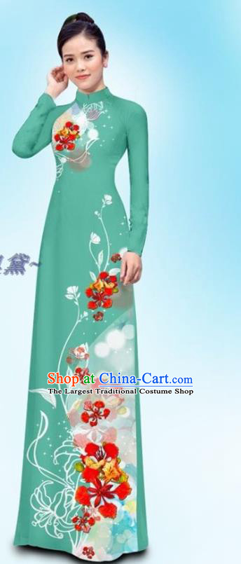 Traditional Vietnamese Woman Clothing Custom Green Uniforms Ao Dai Cheongsam and Pants Asian Vietnam Qipao Dress