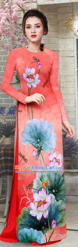 Asian Vietnam Printing Lotus Watermelon Red Qipao Dress with Pants Custom Vietnamese Ao Dai Uniforms Traditional Costume