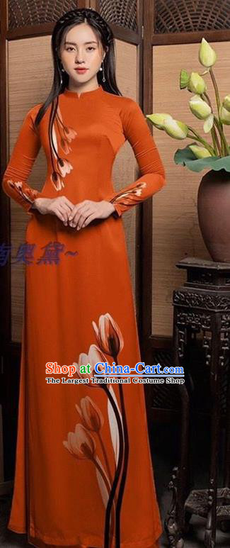 Custom Vietnamese Orange Cheongsam Asian Vietnam Ao Dai Costume Traditional Bride Long Dress with Pants  Uniforms