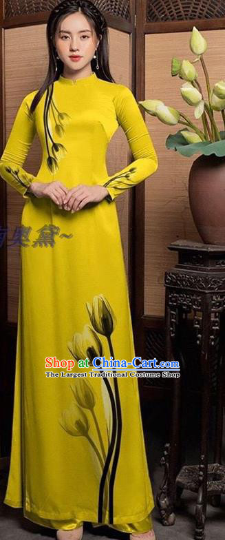 Asian Vietnam Yellow Ao Dai Costume Custom Vietnamese Cheongsam Traditional Bride Long Dress with Pants Uniforms