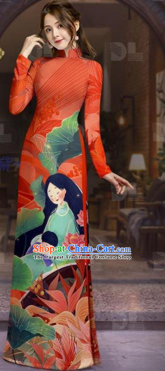 Jacinth Vietnam Custom Uniforms Asian Traditional Vietnamese Costume Printing Ao Dai Clothing Women Tunic Dress with Pants