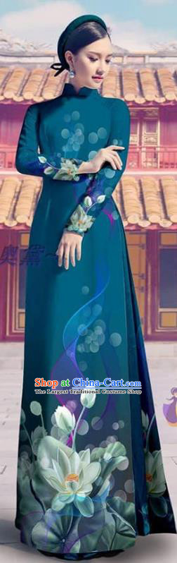 Teal Custom Vietnam Printing Cheongsam with Pants Beauty Costume Asian Vietnamese Ao Dai Dress Traditional Clothing