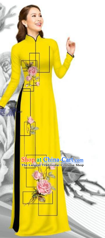 Traditional Vietnam Women Uniforms Yellow Dress with Pants Bride Costume Asian Vietnamese Custom Printing Rose Ao Dai Clothing