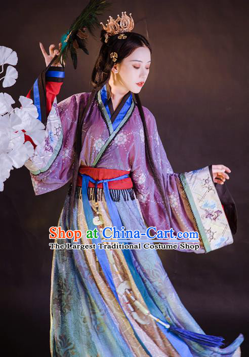Chinese Jin Dynasty Historical Costumes Traditional Ancient Goddess Purple Hanfu Apparels Blouse and Skirt for Women