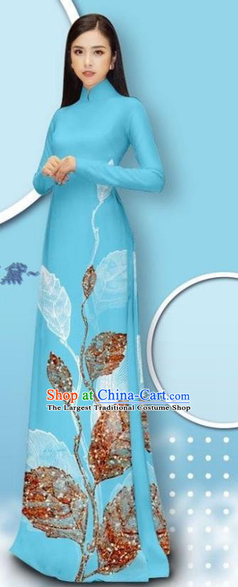 Vietnamese Traditional Bride Costume Custom Vietnam Female Ao Dai Cheongsam Asian Light Blue Long Dress with Pants Uniforms