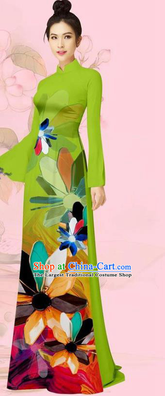 Custom Vietnam Cheongsam Long Dress with Pants Traditional Women Ao Dai Costume Asian Vietnamese Kelly Green Uniforms