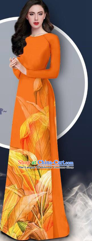 Vietnam Orange Ao Dai Dress with Loose Pants Uniforms Chiffon Cheongsam Vietnamese Asian Traditional Custom Bride Clothing