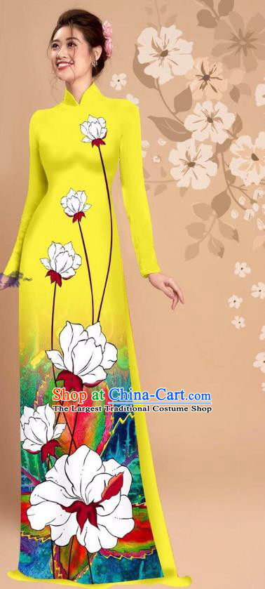 Vietnam Bright Yellow Ao Dai Dress Uniforms Custom Asian Vietnamese Fashion Apparel Traditional Cheongsam with Loose Pants National Clothing