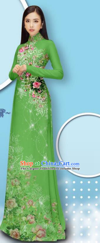 Asian Green Ao Dai Dress Traditional Vietnamese Cheongsam with Loose Pants Fashion Apparel Custom Vietnam Uniforms