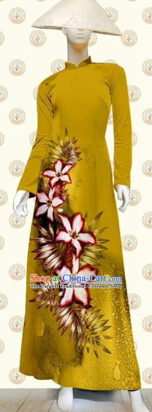 Vietnam Traditional Fashion Vietnamese Civilian Women Yellow Ao Dai Clothing Classical Qipao Dress with Pants Oriental Cheongsam