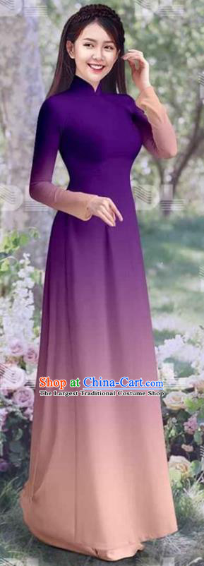 Vietnam Classical Cheongsam Asian Gradient Purple Qipao Dress with Pants Vietnamese Traditional Ao Dai Clothing