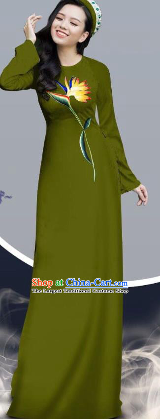 Army Green Traditional Vietnamese Long Dress with Loose Pants Outfits Women Fashion Asian Vietnam Ao Dai Cheongsam Clothing