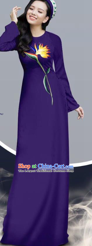 Vietnamese Traditional Deep Purple Ao Dai Cheongsam Clothing Long Dress with Loose Pants Outfits Women Fashion Asian Vietnam Clothing