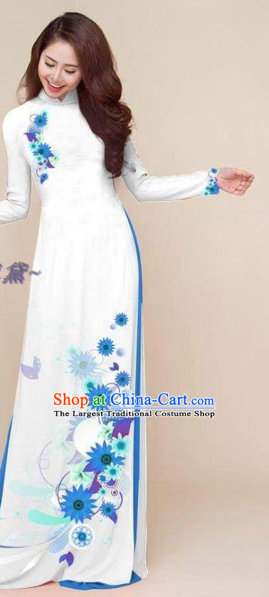 Asian Classical White Qipao Vietnam Ao Dai Clothing Traditional Costumes Vietnamese Dress Printing Cheongsam with Pants