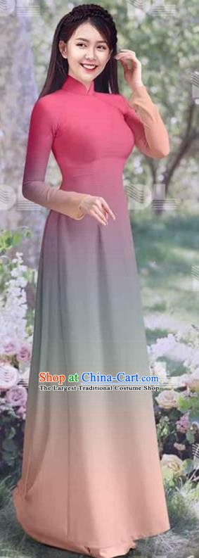 Asian Vietnam Cheongsam Traditional Costumes Ao Dai Clothing Vietnamese Women Classical Gradient Pink Qipao Dress with Pants
