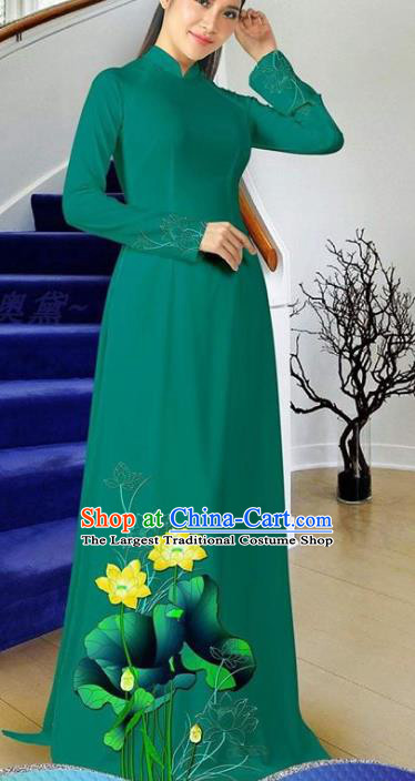 Vietnamese Ao Dai Dress Women Green Qipao with Pants Two Piece Set Traditional Classical Costumes Asian Clothing Vietnam Cheongsam