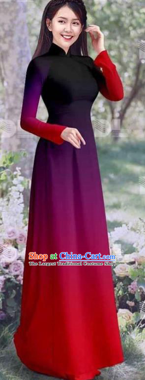 Vietnam Traditional Gradient Red Qipao Dress with Pants Costumes Ao Dai Clothing Asian Vietnamese Women Classical Cheongsam