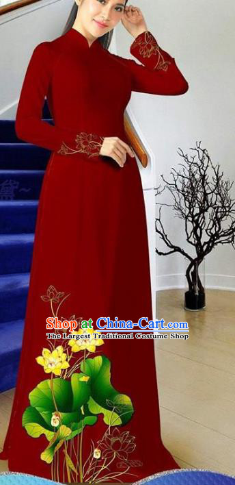 Vietnamese Ao Dai Dress with Pants Asian Clothing Traditional Classical Costumes Women Qipao Two Piece Set Vietnam Maroon Cheongsam