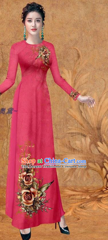 Vietnamese Women Printing Rose Rosy Qipao Dress with Loose Pants Ao Dai Outfits Traditional Cheongsam Clothing Vietnam Stage Show Fashion