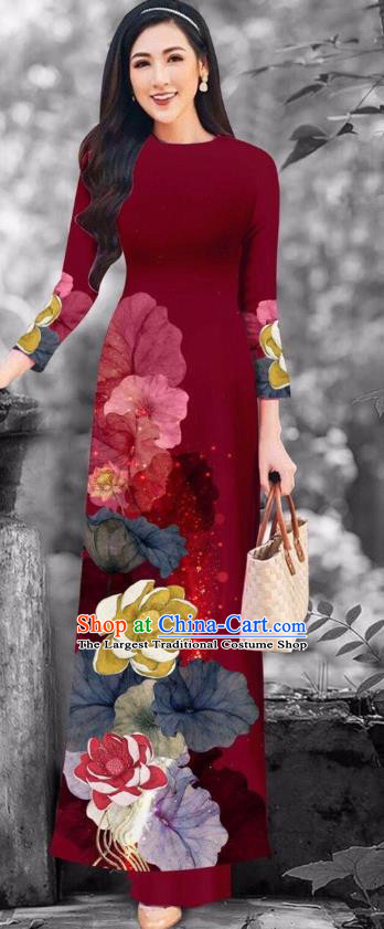 Traditional Vietnamese Wine Red Ao Dai Dress Garment Custom Asian Vietnam Fashion Cheongsam with Loose Pants Apparel