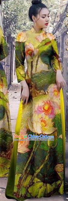 Vietnamese Female Green Garment Traditional Asian Vietnam Fashion Cheongsam with Loose Pants Apparel Ao Dai Dress