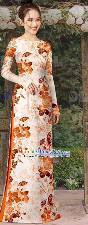 Vietnamese Classical Orange Qipao Dress with Loose Pant Traditional Oriental Fashions Vietnam Cheongsam Ao Dai Clothing