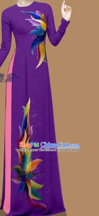 Custom Purple Ao Dai Cheongsam Asian Vietnamese Fashion Vietnam Women Qipao Dress with Pants Traditional Clothing