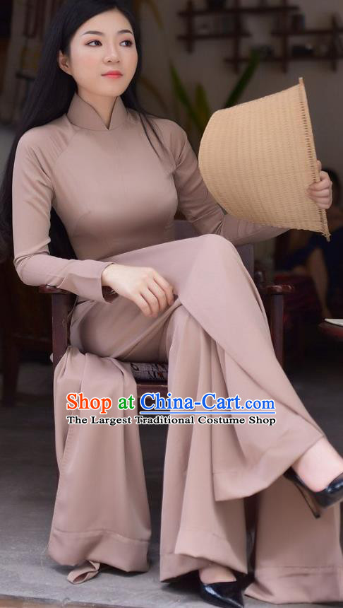 Custom Fashion Asian Light Brown Qipao Dress Traditional Vietnamese Aodai Clothing Vietnam Cheongsam with Loose Pants Two Piece Set