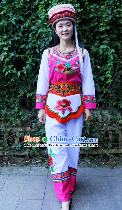 Traditional China Yunnan Bai Ethnic Women Uniforms Nationality Embroidered Vest Blouse and Pants with Headdress
