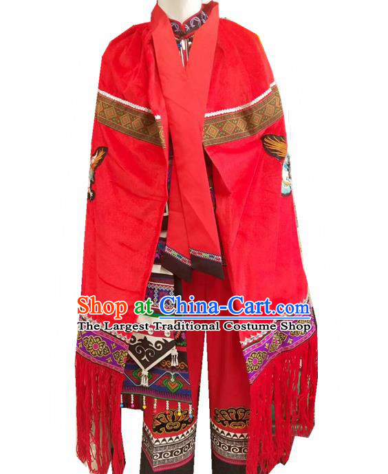 Chinese Ethnic Men Costumes Quality Torch Festival Cloak Yi Nationality Embroidered Eagle Red Cape
