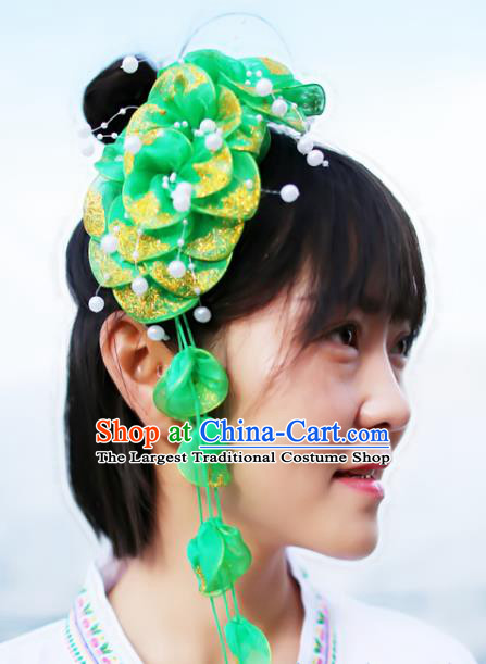 Chinese Ethnic Women Tassel Headwear Yunnan Dai Nationality Bride Headpiece Traditional Green Silk Flowers Hair Stick
