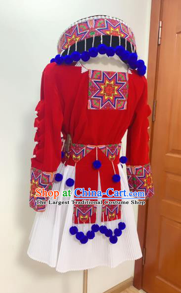 China Yao Ethnic Women Costumes Yunnan Minority Folk Dance Clothing Nationality Stage Performance Dress and Hat