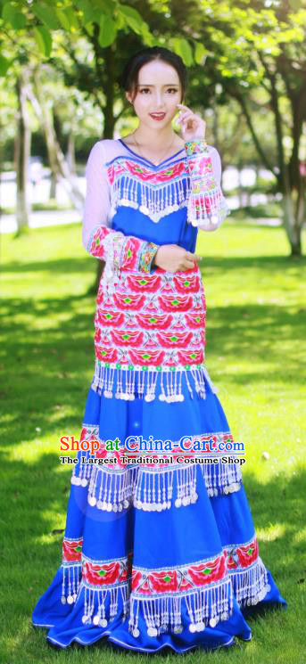 Yunnan Yi Minority Bride Royalblue Long Dress Traditional Festival Celebration Costumes China Ethnic Folk Dance Apparels