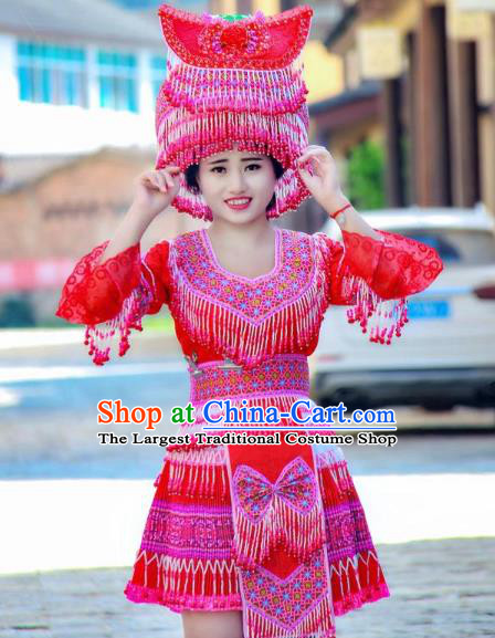 China Minority Stage Show Costumes Fashion Yi Ethnic Folk Dance Clothing Travel Photography Dress with Beads Tassel Hat