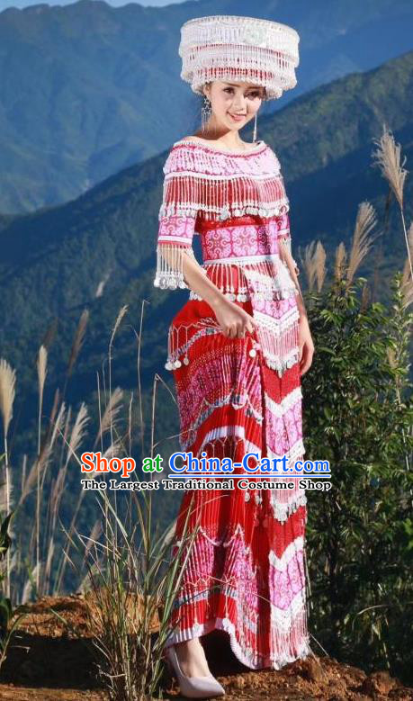 China Guizhou Miao Minority Wedding Dress Ethnic Traditional Festival Embroidered Clothing Nationality Bride Costume with Hat