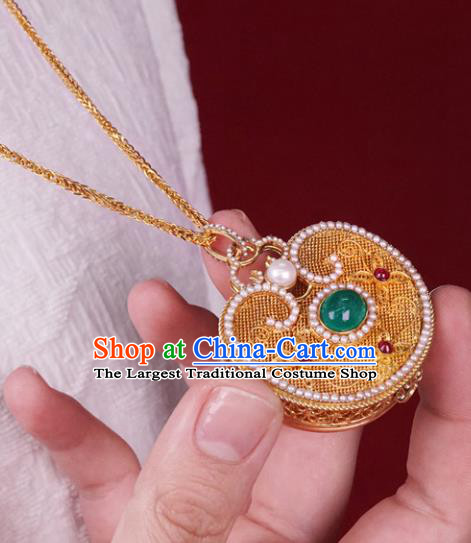 Chinese Traditional Pearls Jewelry Gems Accessories Ancient Qing Dynasty Court Golden Sachet Necklace Pendant