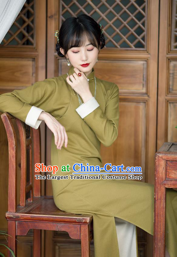 Chinese Olive Green Cheongsam Classical Qipao Dress Traditional Women Costume