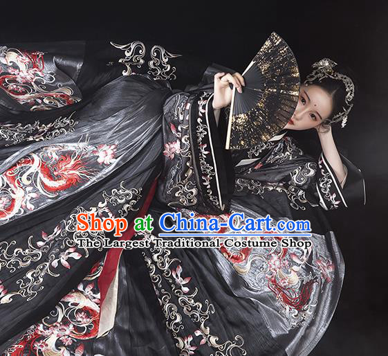 Ancient China Jin Dynasty Imperial Concubine Hanfu Dress Traditional Embroidered Black Clothing Full Set