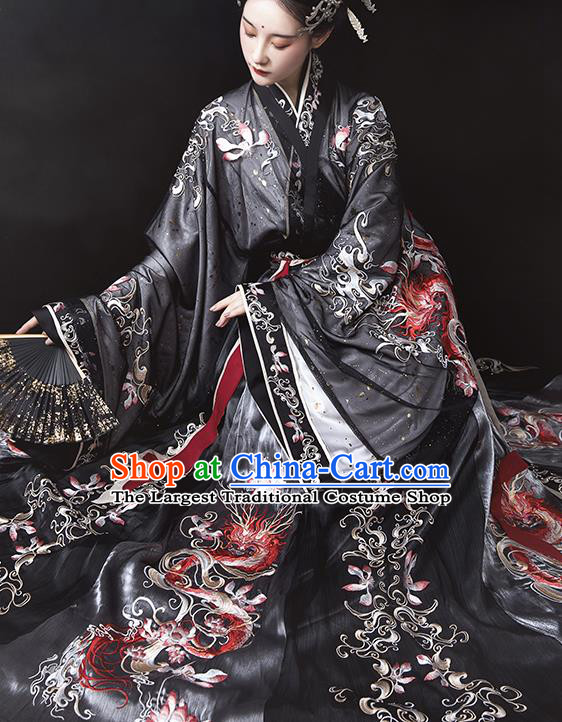 Ancient China Jin Dynasty Imperial Concubine Hanfu Dress Traditional Embroidered Black Clothing Full Set