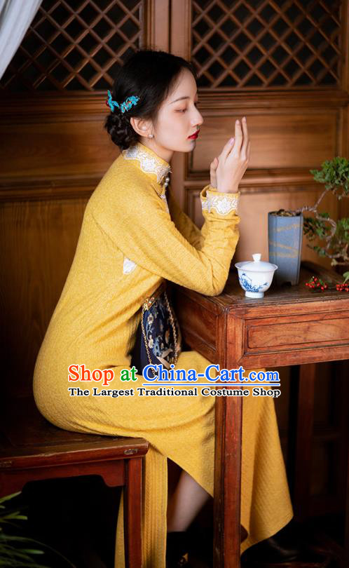 Chinese Classical Yellow Qipao Dress National Cheongsam Traditional Women Costume