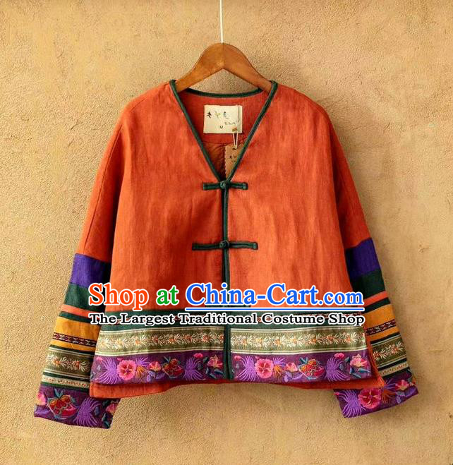 China Traditional Winter Costume Women Tang Suit Embroidered Coat National Orange Flax Cotton Padded Jacket
