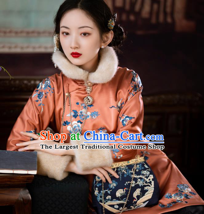 Chinese Traditional Orange Silk Cotton Padded Coat Qing Dynasty Noble Lady Embroidered Jacket for Women