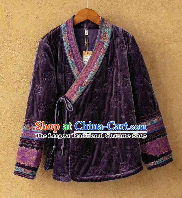 China Traditional Winter Costume Women Tang Suit Embroidered Over Coat National Purple Velvet Cotton Padded Jacket