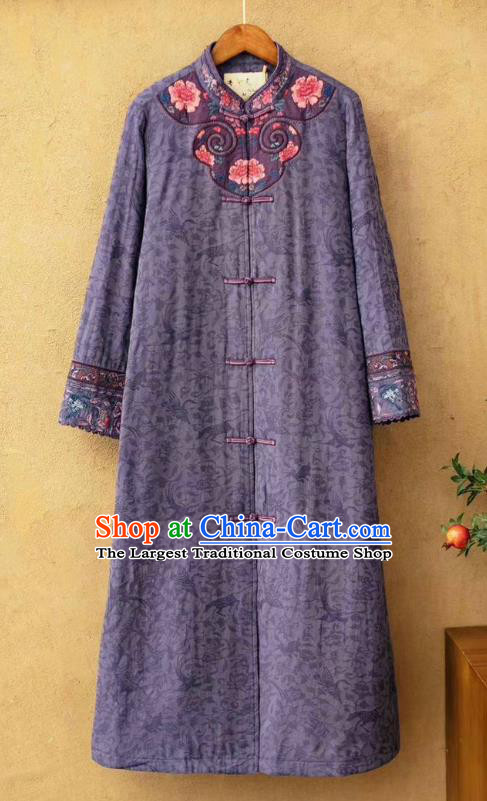 China National Violet Flax Cotton Padded Coat Traditional Embroidered Winter Costume Tang Suit Women Dust Coat
