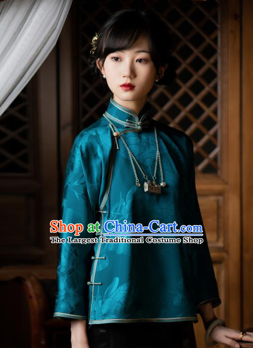 Chinese Traditional Teal Silk Blouse National Shirt Tang Suit Upper Outer Garment for Women