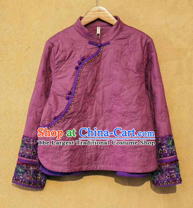 China Tang Suit Women Purple Cotton Padded Jacket Traditional Costume National Winter Upper Outer Garment