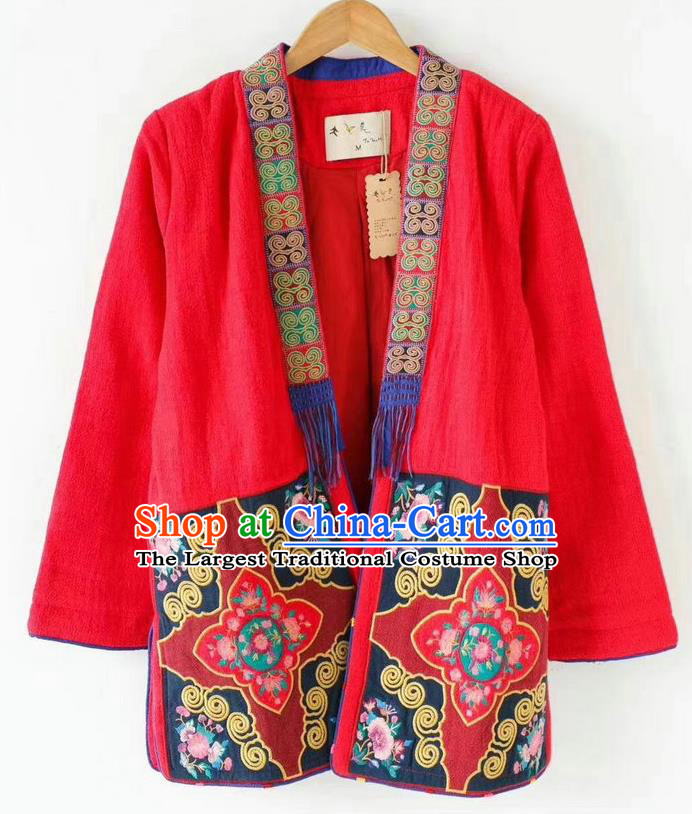 China National Red Flax Jacket Women Coat Traditional Embroidered Costume Tang Suit Outer Garment