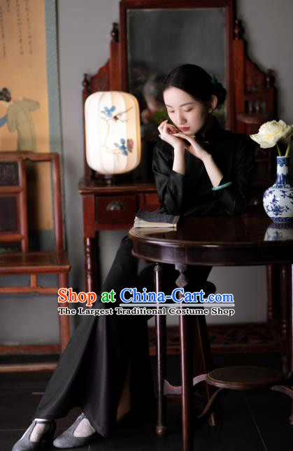 Chinese Traditional Classical Black Silk Qipao Dress National Women Costume Long Sleeve Cheongsam
